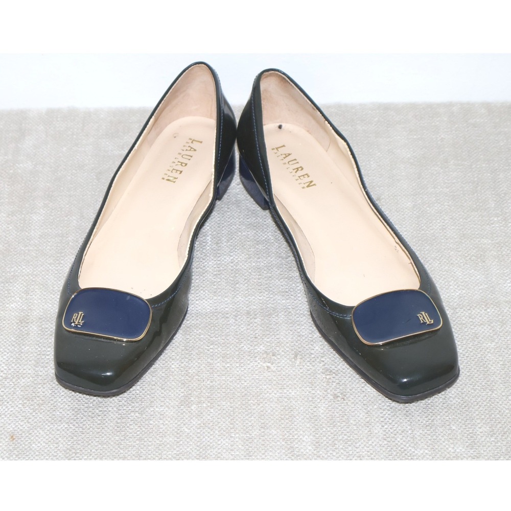 Lauren Ralph Lauren Size‎ 8 Black Blue Patent leather Square Toe Ballet Flats
